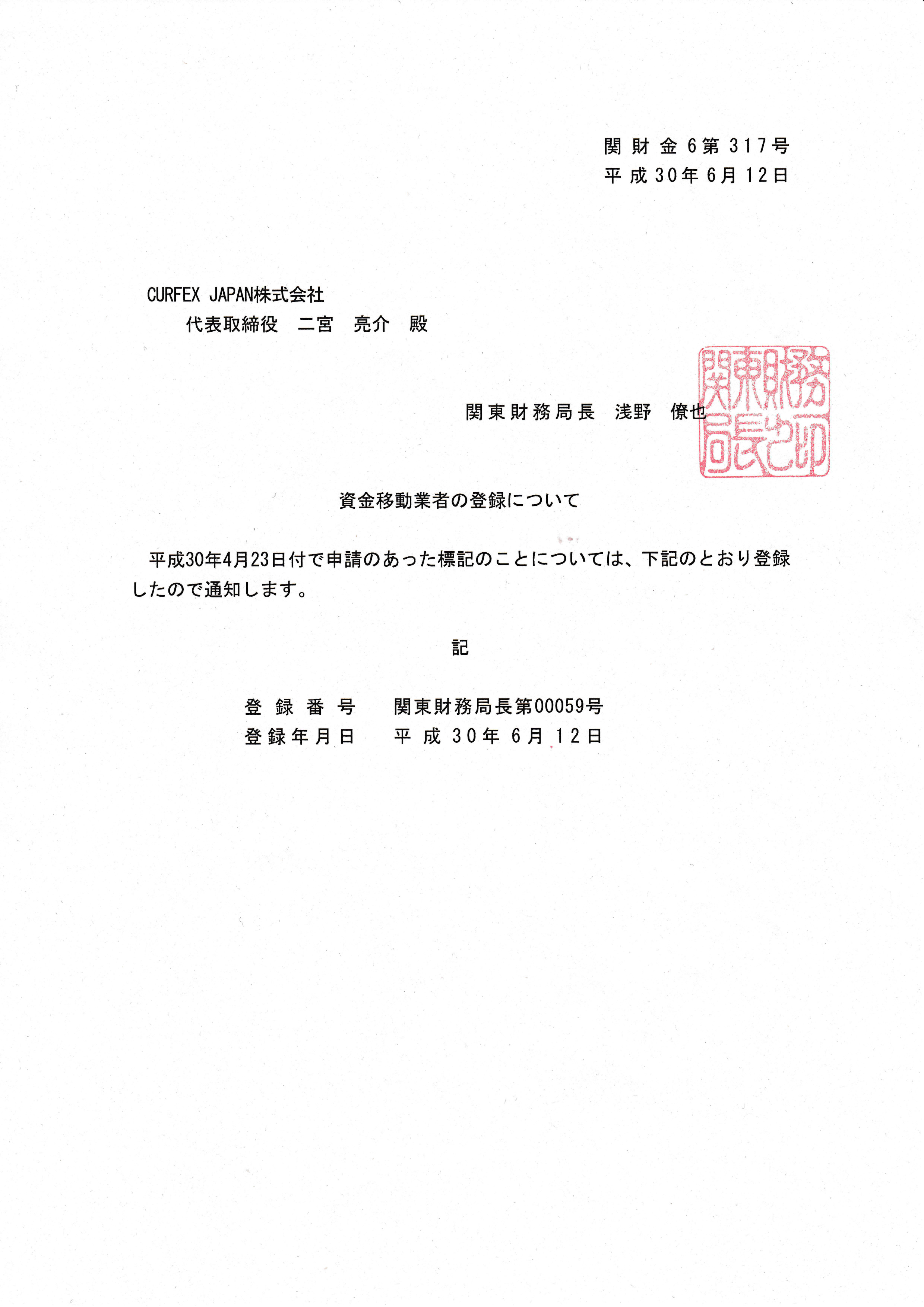 Fukugu K.K. — Fund Transfer Service Provider Registration Certificate, Kanto Local Finance Bureau No. 00059